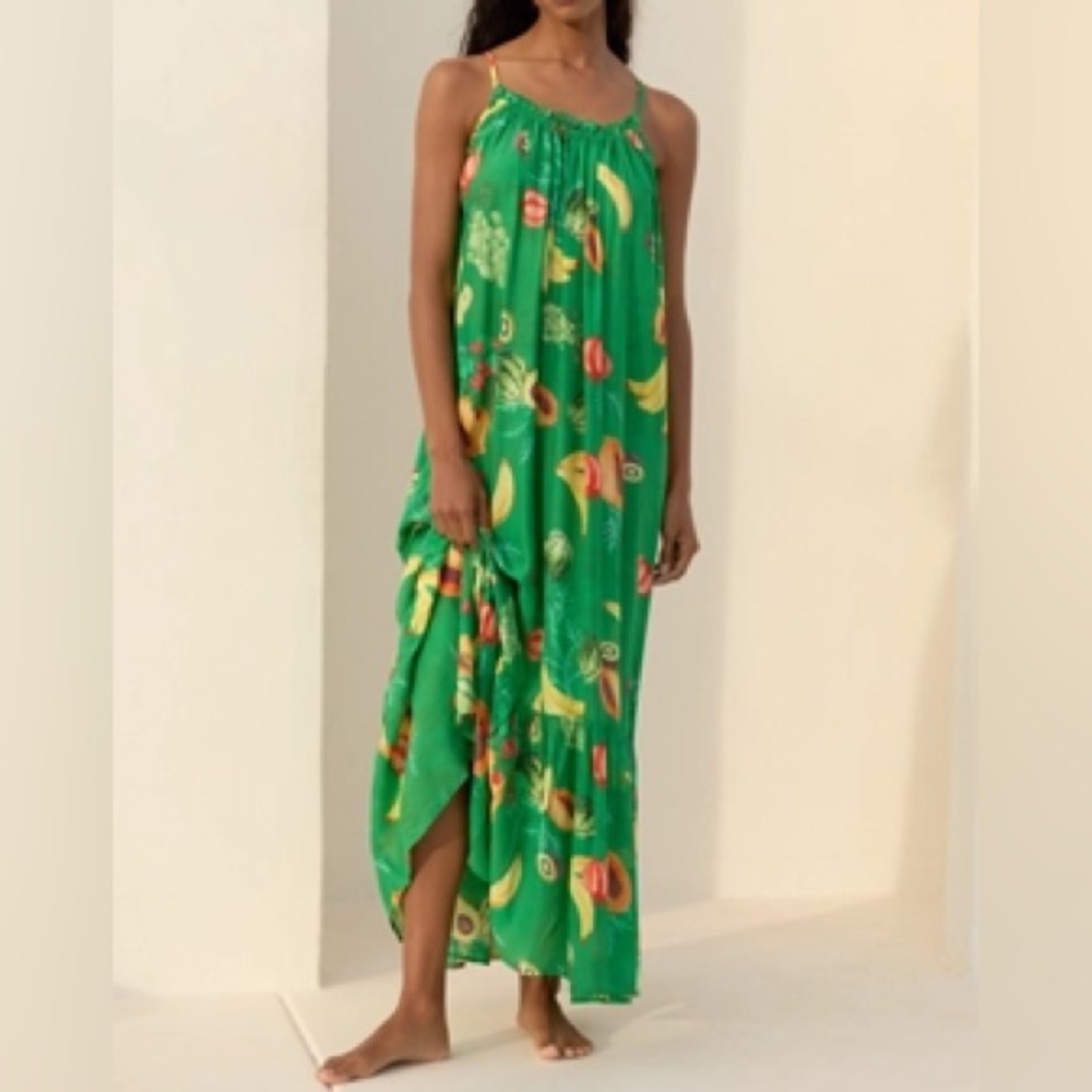 Anthropologie Green and Yellow Floral Maxi Dress